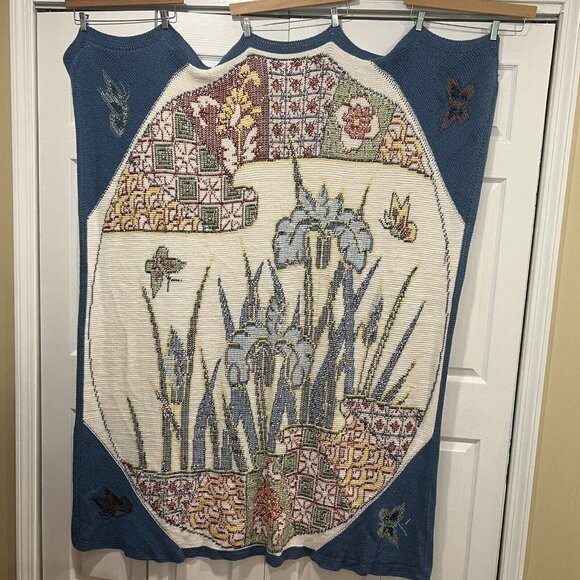 Handmade Afghan Throw Knit Blanket Blue Floral Butterfly Cross Stitch 64 x 54" - Picture 9 of 9